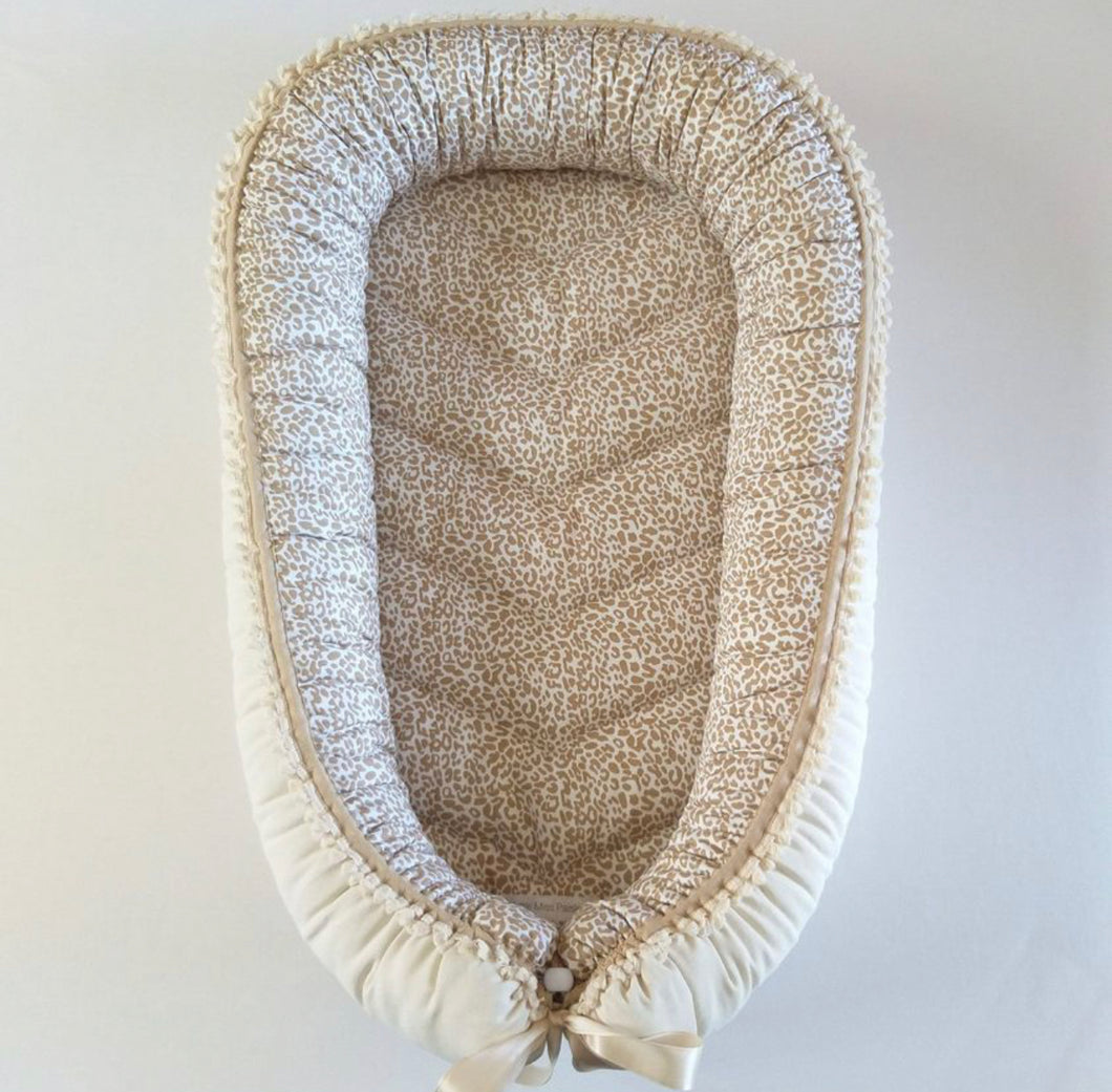 Sand Leopard Print + Unbleached Cotton (Macrame Pom Poms) Sleeping Pod