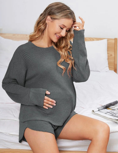 Maternity Waffle Knit Drop Shoulder Set - Dark Grey