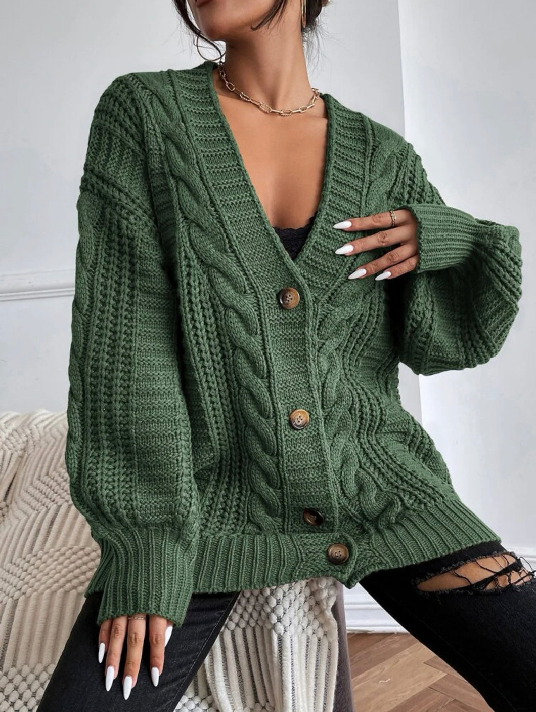 Cable Knit Oversized Cardigan - Green