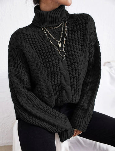 Cable Knit Polo Neck Sweater - Black