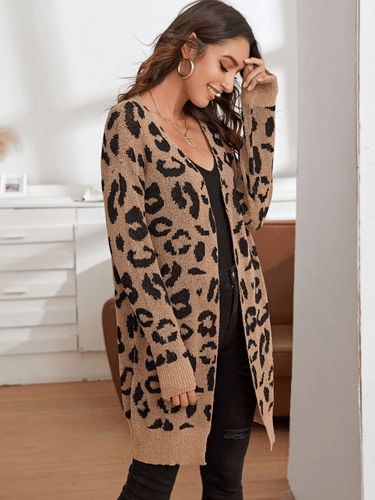 Brown Open Front Leopard Cardigan