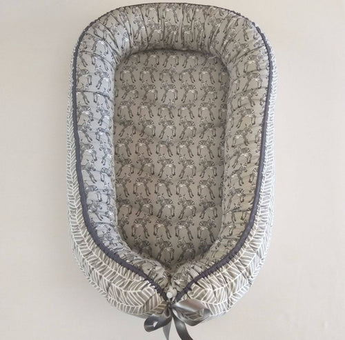 Grey Baby Zebra + Grey Herringbone (Grey Trim) Sleeping Pod