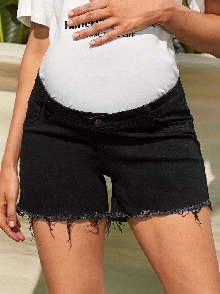 Emilia Ripped Hem Black Denim Maternity Shorts