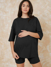 Maternity Pocket Patched Drop Shoulder Tee and Legging Shorts Set - Black
