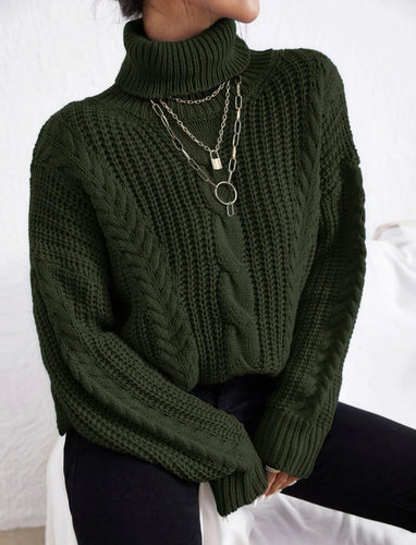 Cable Knit Polo Neck Sweater - Khaki