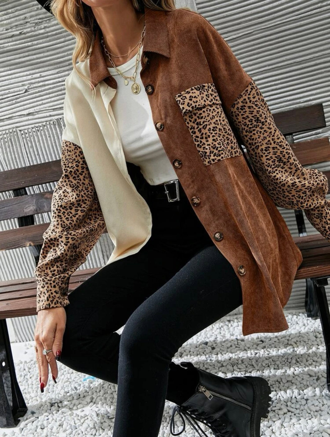 Corduroy Leopard Shacket Jacket - Tan