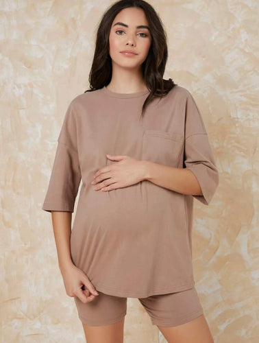 Maternity Pocket Patched Drop Shoulder Tee and Legging Shorts Set - Mocha