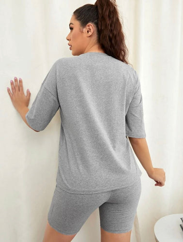 Maternity Pocket Patched Drop Shoulder Tee and Legging Shorts Set - Grey